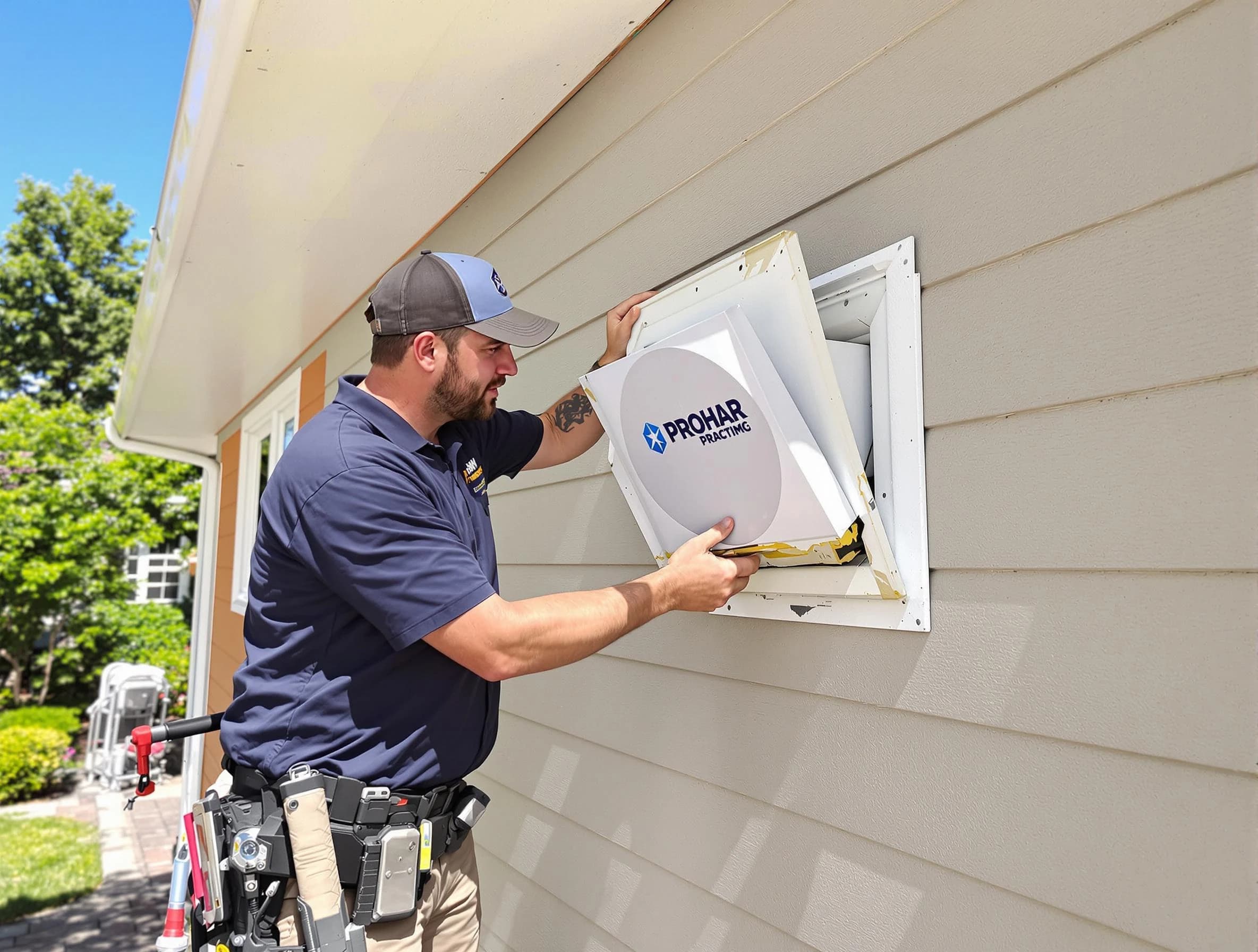 Hampton Dryer Vent Cleaning technician installing a new protective dryer vent cover on a home in Hampton