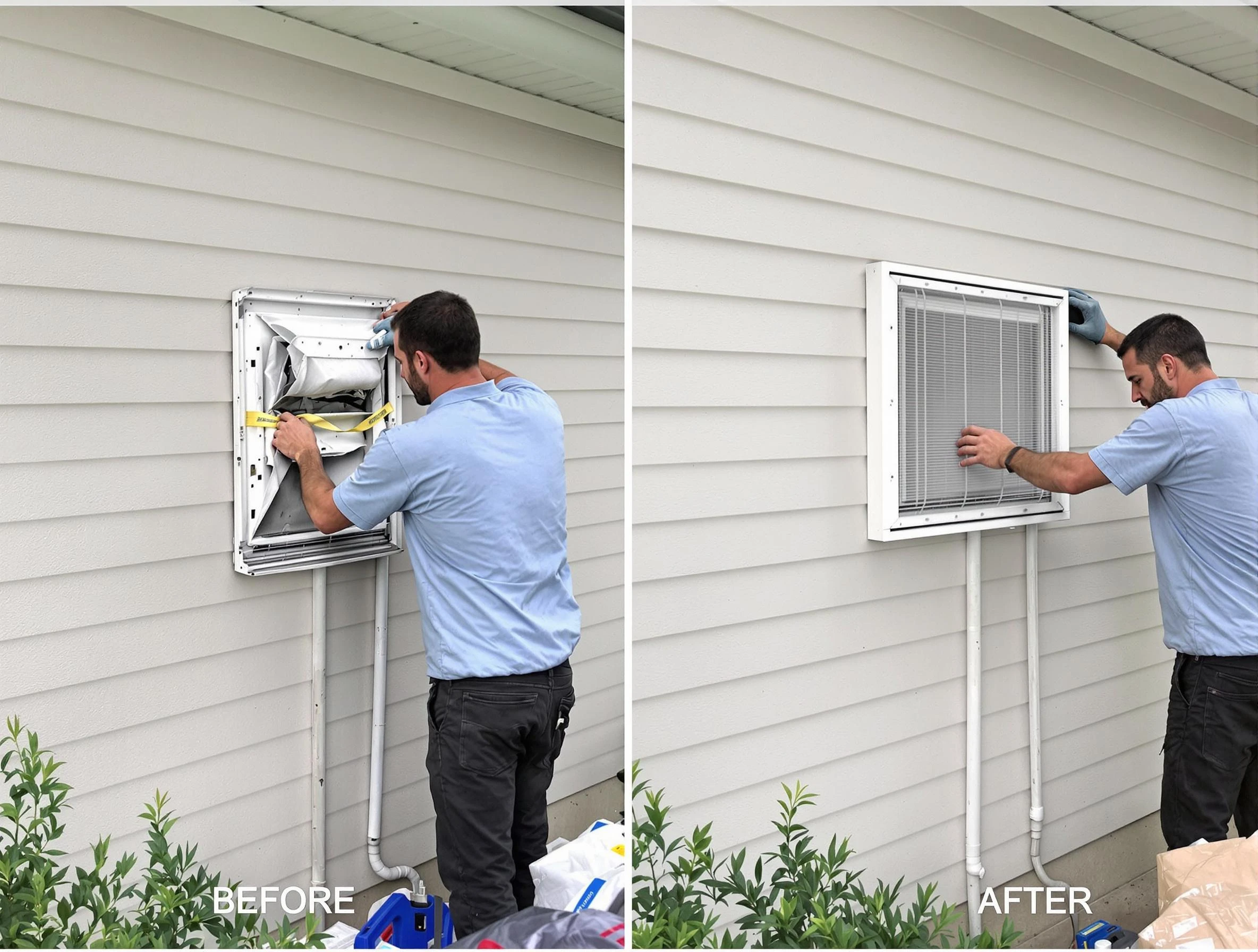 Hampton Dryer Vent Cleaning technician installing high-quality dryer vent cover at a residential property in Hampton